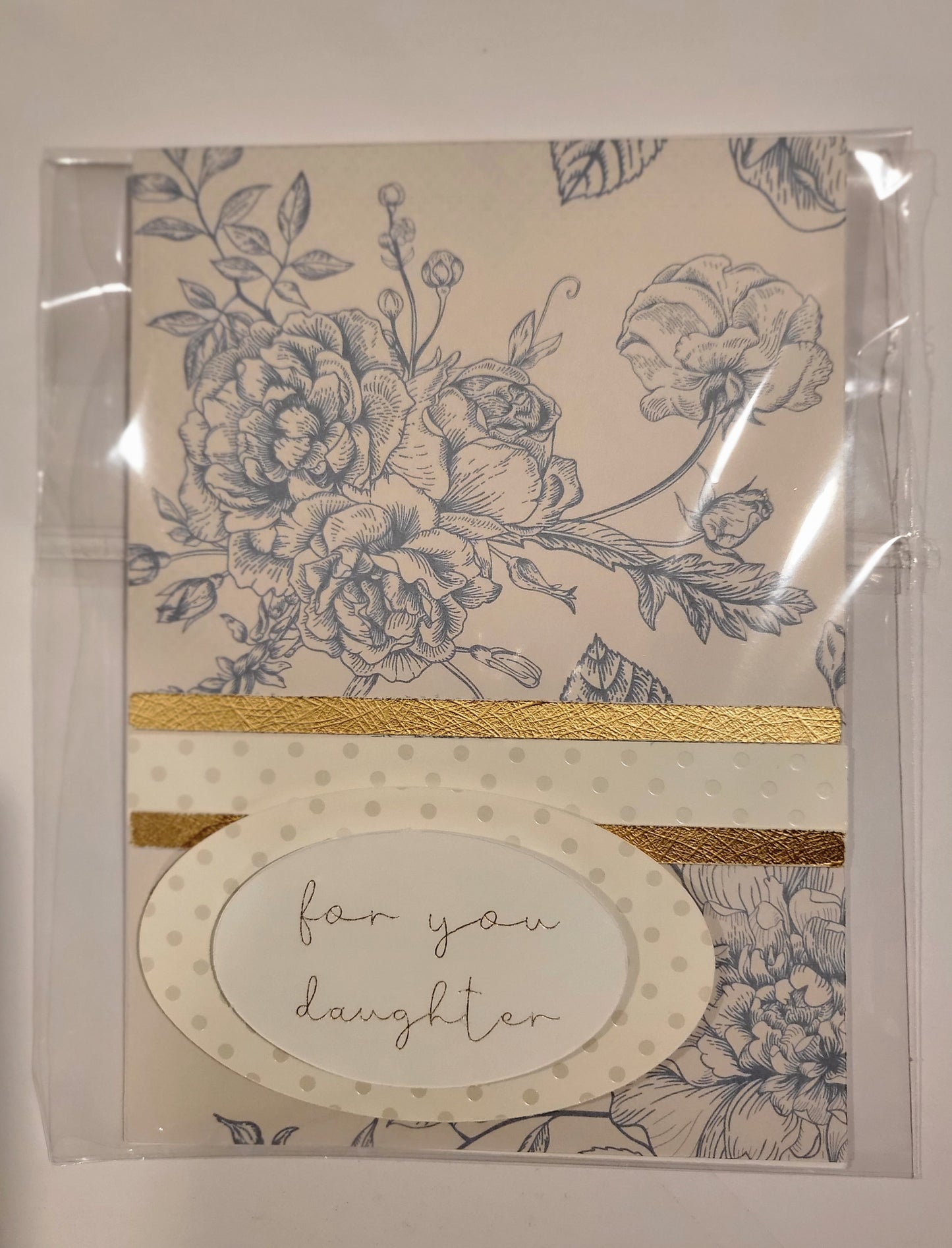 Blue floral mother's day card with gold accents.